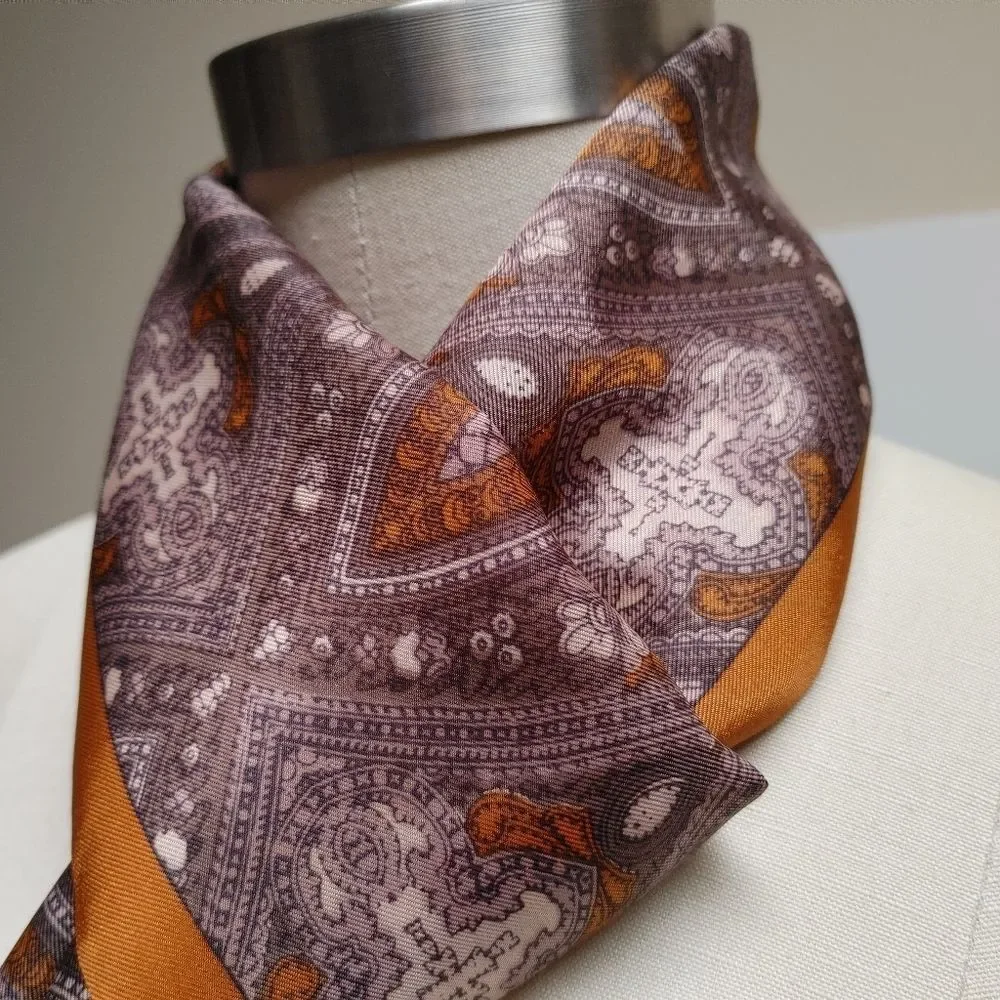 Vintage Rossini Pure Silk Long Scarf Auburn Taupe Boho Fall Quiet Luxury